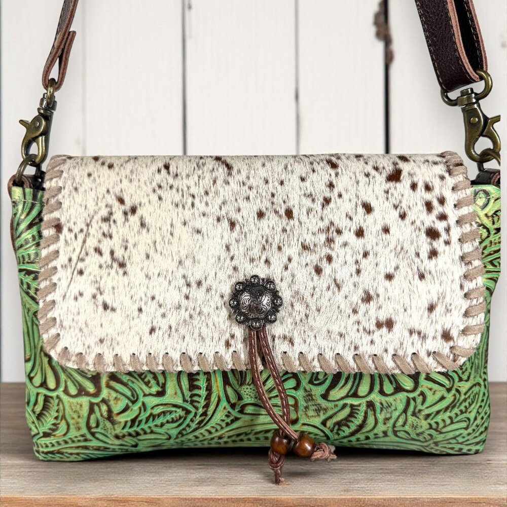 Myra Bag Embossed Leather & Hair-on Shoulder Crossbody Bag "Canyonlands"- New